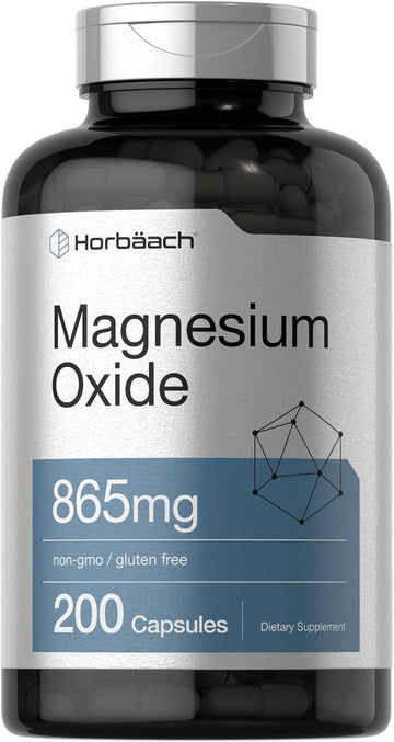 Horbäach Magnesium Oxide 865 mg | 200 Capsules | Non-GMO and Gluten Free Supplement