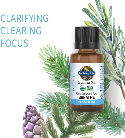 Garden Of Life Essential Oils, 100% Organic & Pure Rosemary, Black Spruce & Fir Balsam Essential Oil - Breathe Blend For Diffusers, Home, Skin & Body Care, Clarifying, Clearing, Focusing, 0.5 Fl Oz