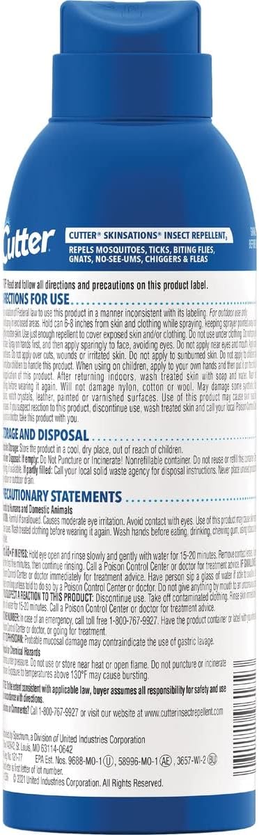 Cutter Skinsations Insect Repellent, Repels Mosquitos, Ticks, Gnats, Fleas, 7% DEET, 6 fl Ounce (Aerosol Spray) : Health & Household