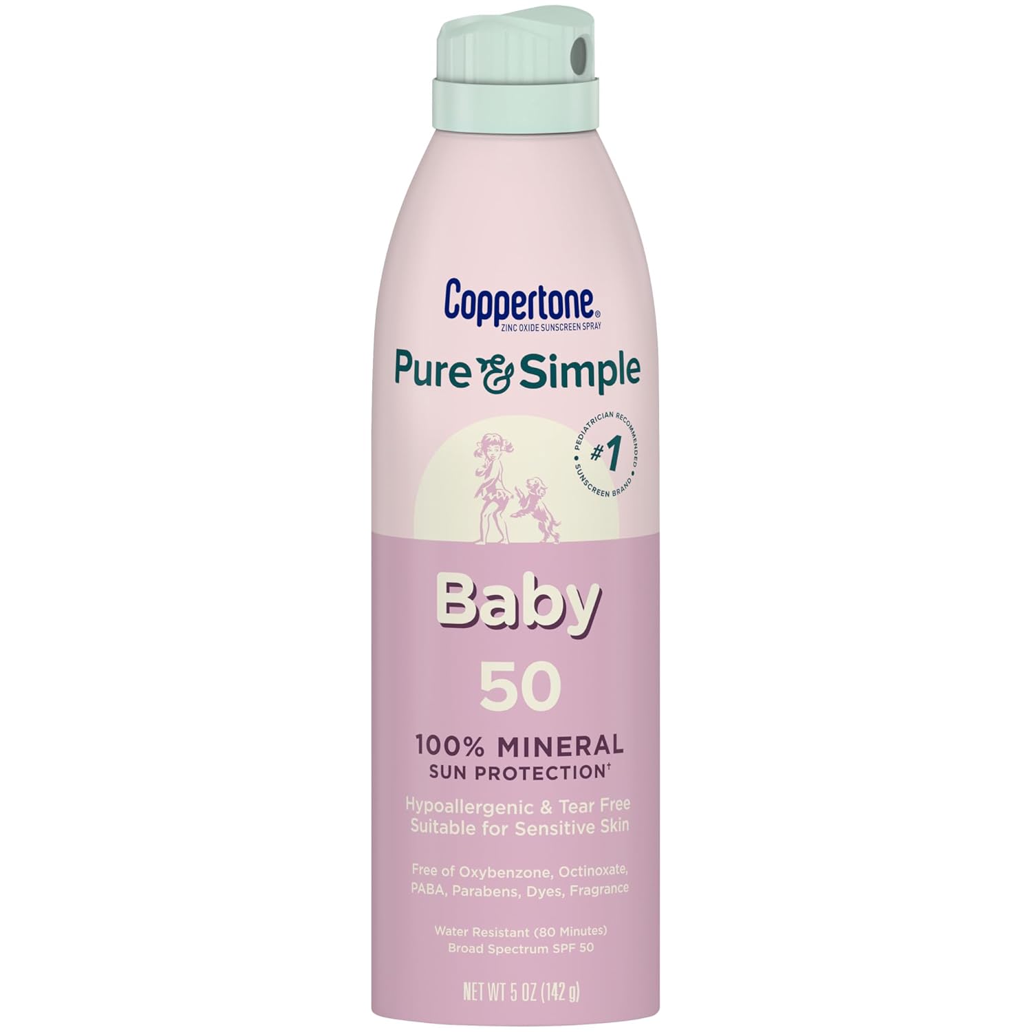 Coppertone Pure & Simple Baby Mineral Spf 50 Spray Sunscreen, Zinc Oxide Mineral Sunscreen, Hypoallergenic, Uva Uvb Protection, 5 Oz
