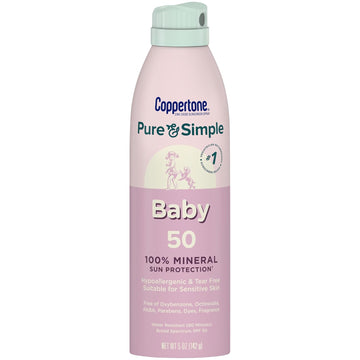 Coppertone Pure & Simple Baby Mineral Spf 50 Spray Sunscreen, Zinc Oxide Mineral Sunscreen, Hypoallergenic, Uva Uvb Protection, 5 Oz