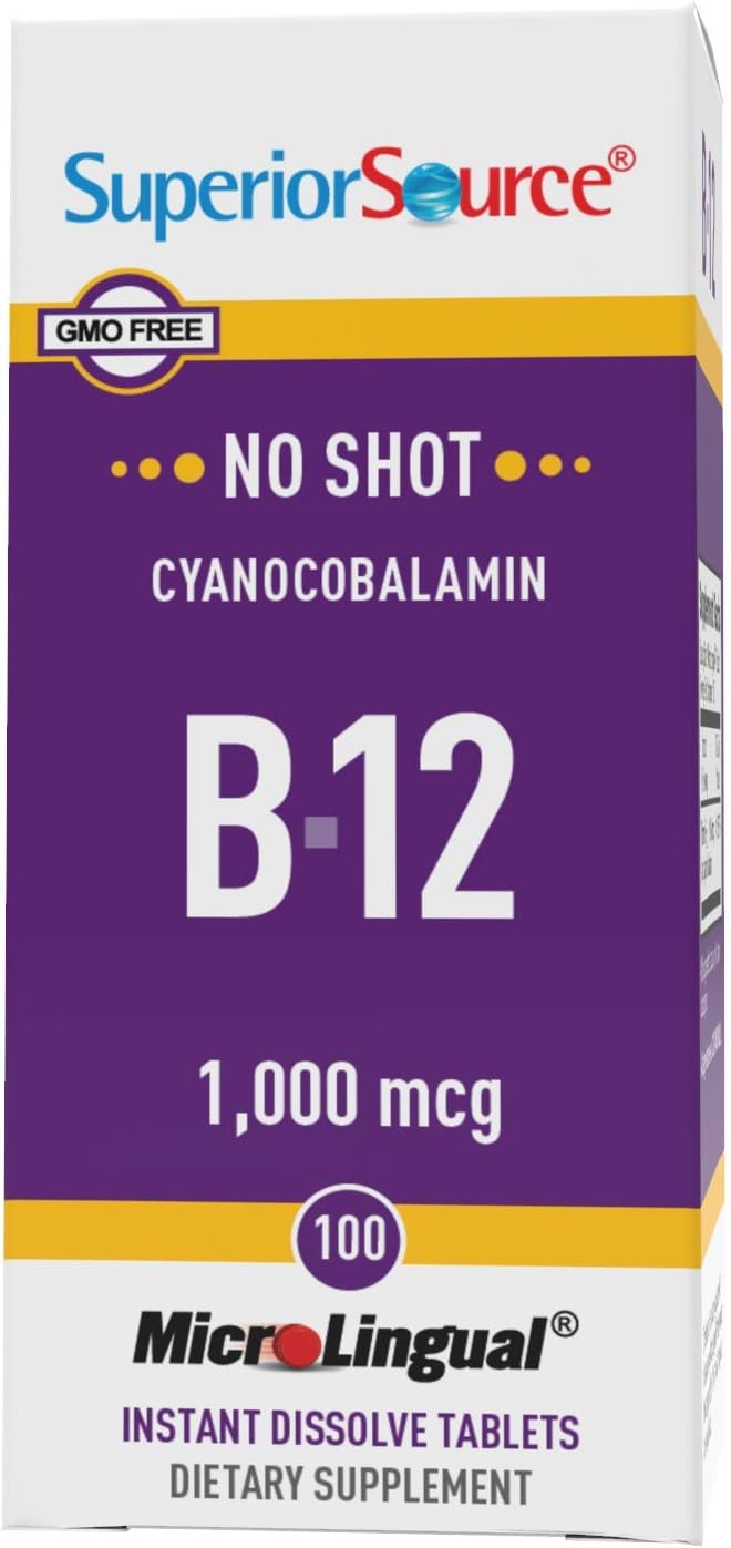 Superior Source No Shot Vitamin B12 Cyanocobalamin 1000 mcg, Quick Dissolve MicroLingual Tablets 100 Count, B12 Supplement to Increase Metabolism and Energy Production, Nervous System Support, Non-GMO : Health & Household