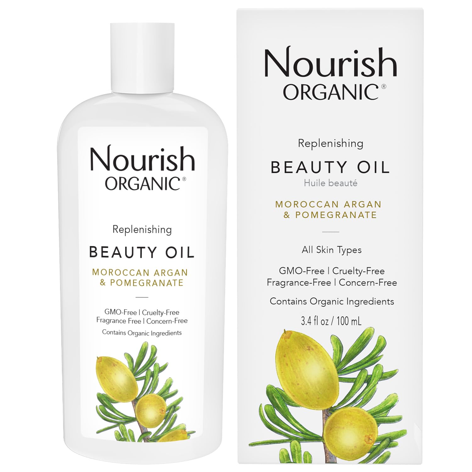 Nourish Organic Beauty Oil – Replenishing Moroccan Argan, Pomegranate, Rosehip & Vitamin E Oils, 3.4 Oz + Washable Cotton Round