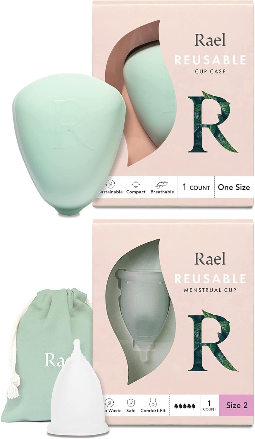 Rael Reusable Bundle - Reusable Menstrual Cup Case (One Size) & Reusable Cup for Heavy Flow (Size 2)