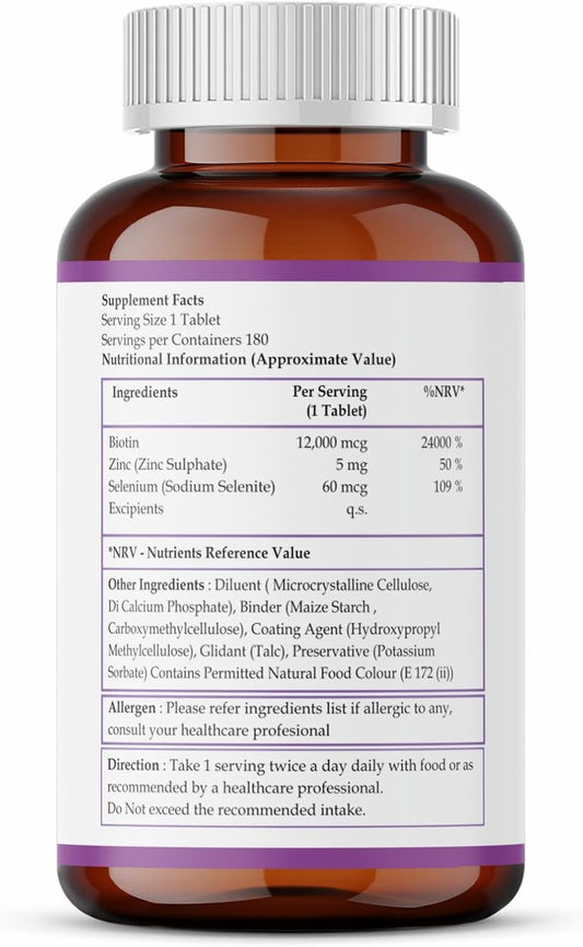 Biotin With Zinc & Selenium Tablets - Thicker Hair And Fuller Beard - Faster Nail Growth - Healthy Skin - For Men & Women - Max Strength Hair Vitamins -12000 Mcg X 180 Tablets-Nutra Life