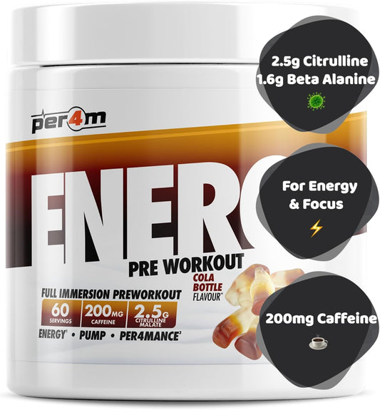 Per4M Energy Pre Workout With Amino Acids | Caffeine, Tyrosine, Citrulline & Theobromine | Endurance, Focus & Sustained Power | 60 Servings (390G, Cola Bottle)