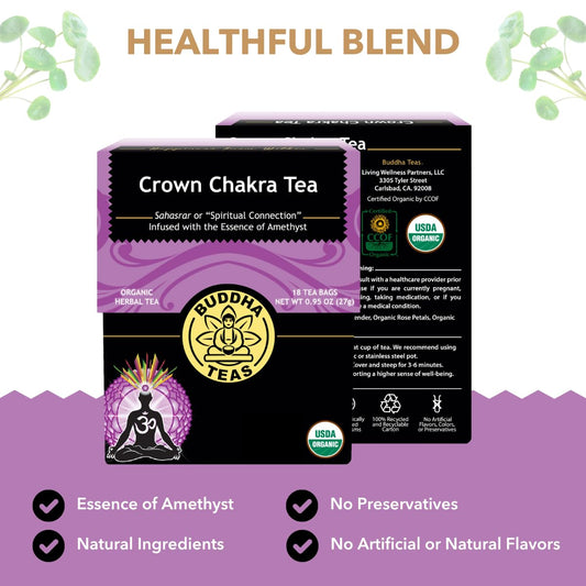 Buddha Teas - Crown Chakra Tea - Organic Herbal Tea - For Spiritual Connection - With Lavender, Gotu Kola Leaf, Rose Petal & Amethyst Essence - 100% Kosher - 18 Tea Bags (Pack Of 1)