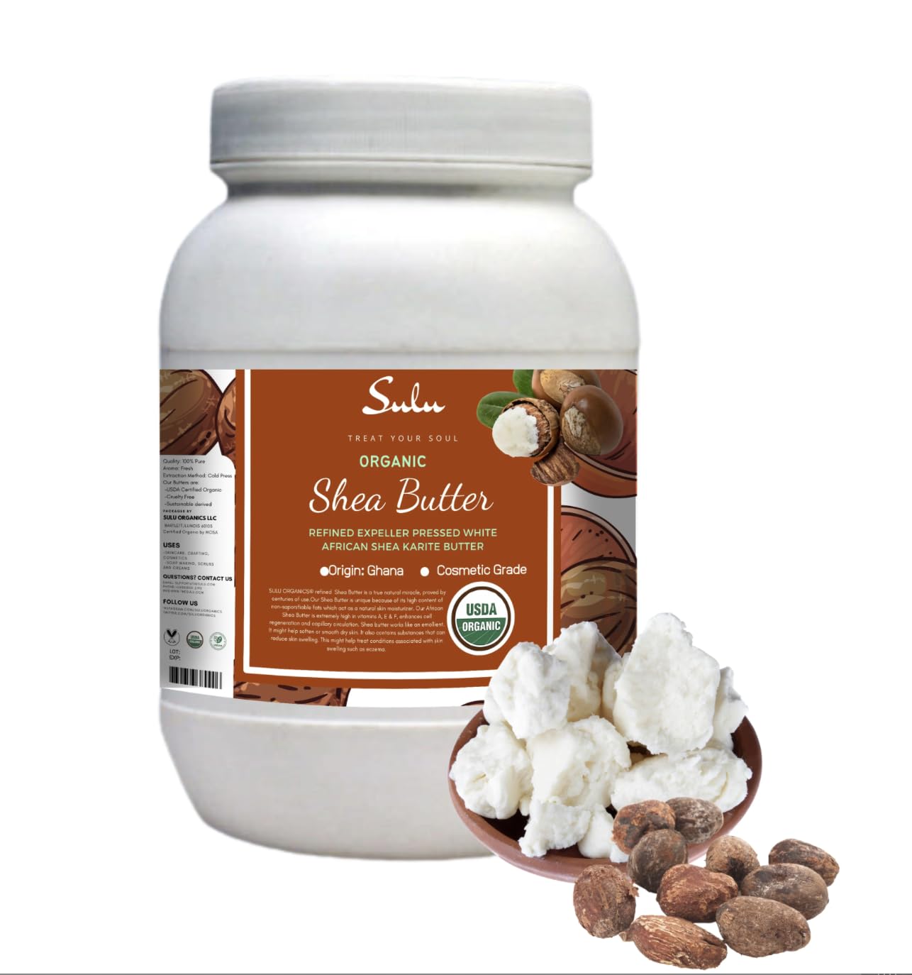 SULU ORGANICS USDA Certified Organic Expeller Pressed White Refined Shea Butter (16 OZ/1 LB) : Beauty & Personal Care