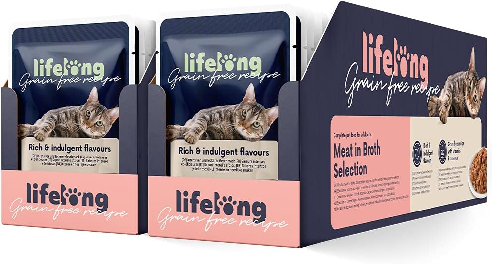Amazon Brand - Lifelong Grainfree Complete Adult Cat Wet Food, Chicken, Duck, Turkey and Liver In Broth Selection, 4.76 kg (56 Packs of 85g)?CZ801055-02/ CZ843