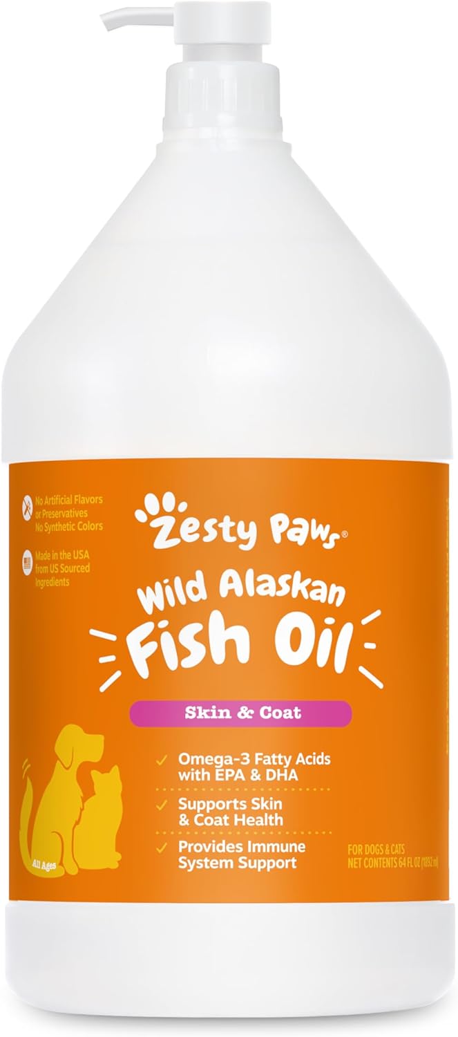 Zesty Paws Wild Alaskan Fish Oil for Dogs & Cats - Pollock & Salmon Oil Blend - Omega 3 Fatty Acids EPA & DHA for Pets - for Sensitive Skin + Coat Health - Immune System Support - 64 fl oz