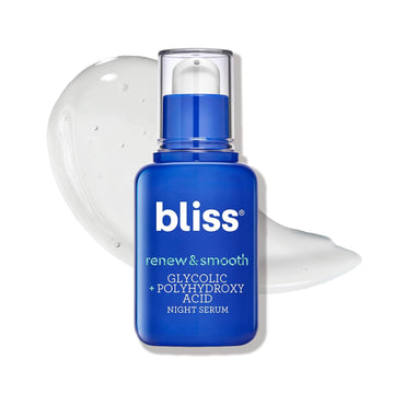 Bliss Renew & Smooth Night Serum- AHA Glycolic + Polyhydroxy Acid - Gently Removes Dead Skin Cells- Transforms Dull Dry Skin- For Hydrating Radiant Glowing Skin - Vegan & Cruelty-Free - 1 Fl Oz