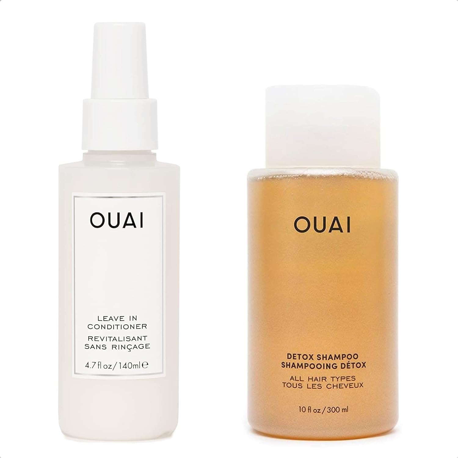 OUAI Hair Styling & Treatment Bundle - Includes Leave-In Conditioner & Detox Shampoo - Hair Care Products for Styling, Smoothing, Adding Hair Shine & Removing Product Build Up (2 Count, 4.7 Oz/10 Oz)