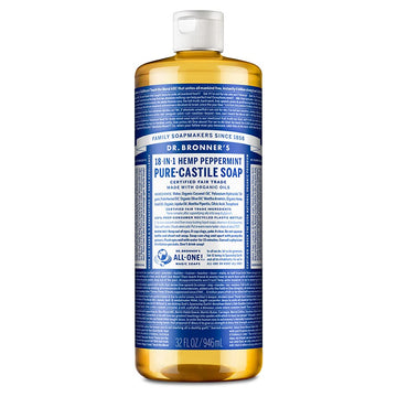Dr. Bronner's - Pure-Castile Liquid Soap (Peppermint, 32 ounce) - Made with Organic Oils, 18-in-1 Uses: Face, Body, Hair, Laundry, Pets and Dishes, Concentrated, Vegan, Non-GMO