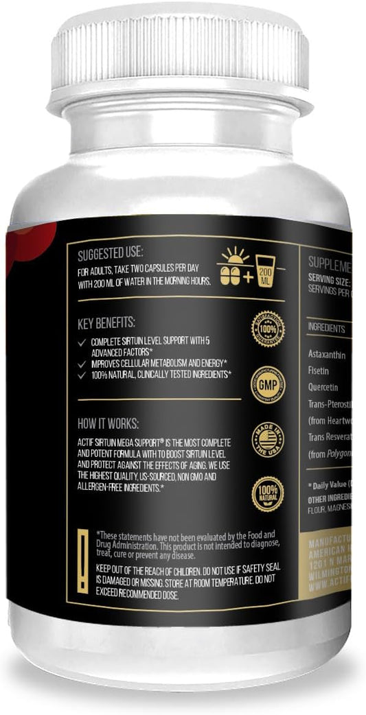 Actif Sirtuin Mega Support With 5 Advanced Factors – Anti-Aging, 100% Natural, Non-Gmo, 60 Count