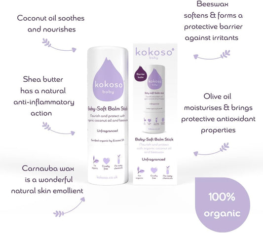 Kokoso Baby Soft Balm Stick, Unfragranced, Great For Dry Hands, Sore Lips And Chapped Cheeks, Protects Dribbly Chins And Soothes Dribble Rash, 100% Natural & Organic Ingredients, 13G