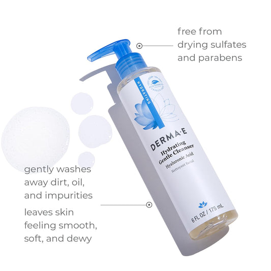 DERMA-E Hydrating Gentle Cleanser with Hyaluronic Acid – Moisturizing Facial Cleanser Tones, Moisturizes & Improves Skin Texture – Gently Exfoliating Face Wash, 6 fl oz