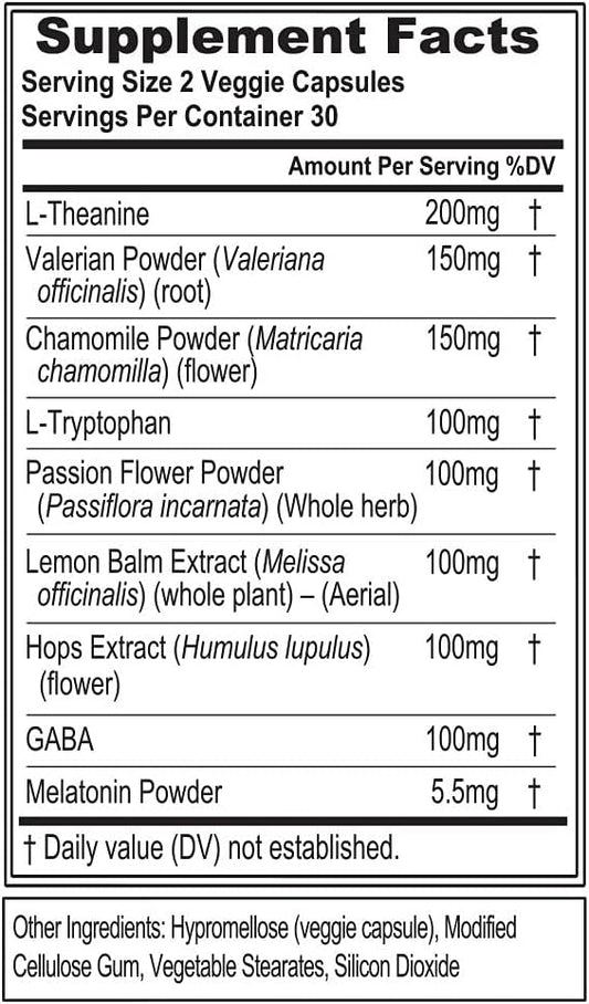 Evlution Nutrition Herbal Complex Sleep Supplements For Adults Gentle Sleep Support Adult Melatonin Pills With Valerian L-Tryptophan Lemon Balm And More - Restful Calm Sleep Capsules - 30 Servings