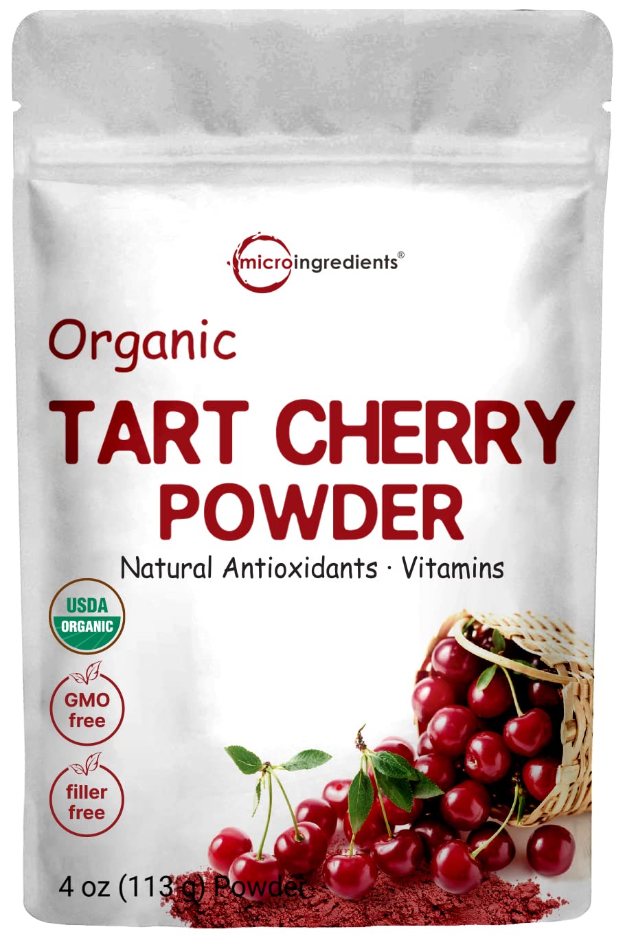 Organic Tart Cherry Powder, 4Oz | 100% Natural Fruit Powder | Us Grown Tart Cherries Source | No Sugar & Additives | Great Flavor For Drinks, Smoothie, & Beverages | Non-Gmo & Vegan Friendly