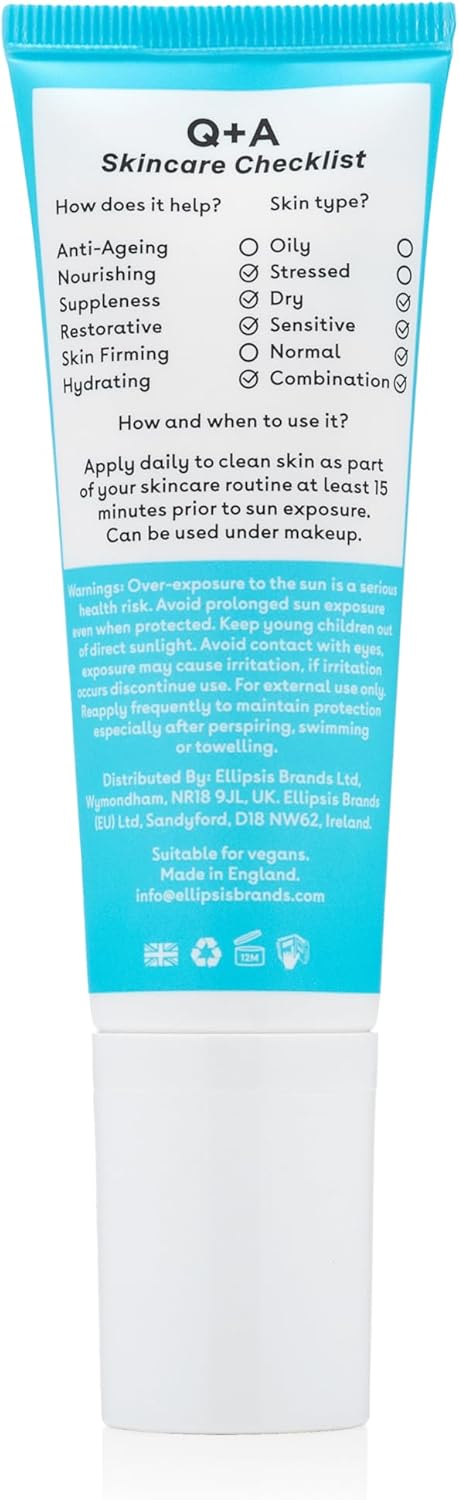 Q+A Squalane Hydrating Daily Sunscreen SPF 50: Fast-Absorbing, Non-Sticky, Broad-Spectrum UVA/UVB, Nourishes Dry Skin, With Natural Squalane & Meadowfoam Oil, 95% Natural, Vegan, 50ml : Amazon.co.uk: Beauty