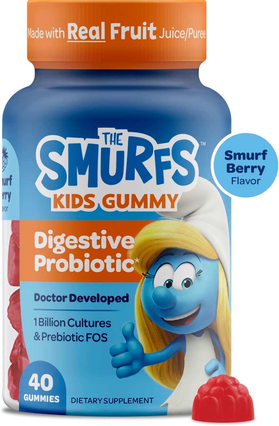 The Smurfs Kids Probiotic Gummies With 1 Billion Cfu Probiotics & Prebiotics Chewable Probiotic Kids For Digestive Support, Healthy Gut & Immune Health | Ages 3+ | Made With Real Fruit | 40 Count
