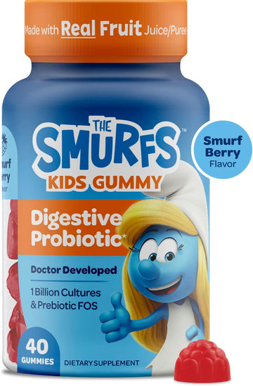 The Smurfs Kids Probiotic Gummies With 1 Billion Cfu Probiotics & Prebiotics Chewable Probiotic Kids For Digestive Support, Healthy Gut & Immune Health | Ages 3+ | Made With Real Fruit | 40 Count