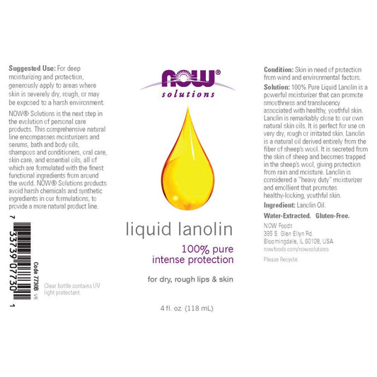 NOW Solutions, Liquid Lanolin Pure, Intense Protection, Formulated for Dry Rough Lips and Skin, 4-Ounce