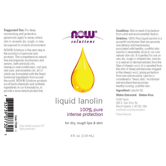 Now Foods Solutions, Liquid Lanolin Pure, Intense Protection, Formulated For Dry Rough Lips And Skin, 4-Ounce