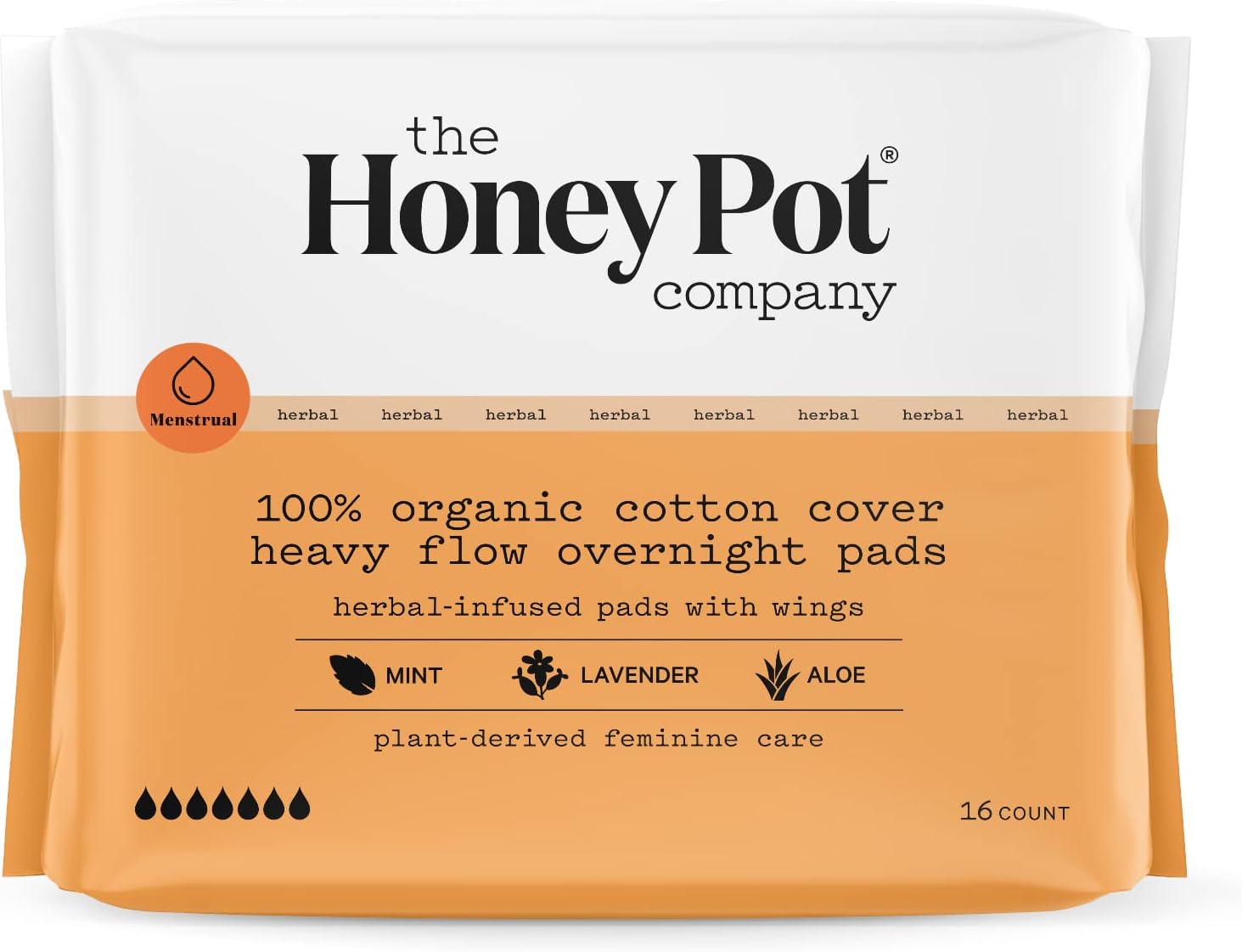 The Honey Pot Company - Herbal Overnight Heavy Flow Pads w/Wings - Organic Pads for Women - Infused w/Essential Oils for Cooling Effect, Cotton Cover, & Ultra-Absorbent Pulp Core -Feminine Care- 16 ct