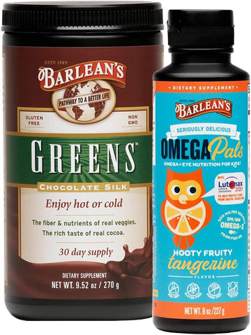 Barlean's Omega Pals Hooty Fruity Tangerine Fish Oil & Chocolate Silk Greens Powder Healthy Kids Bundle