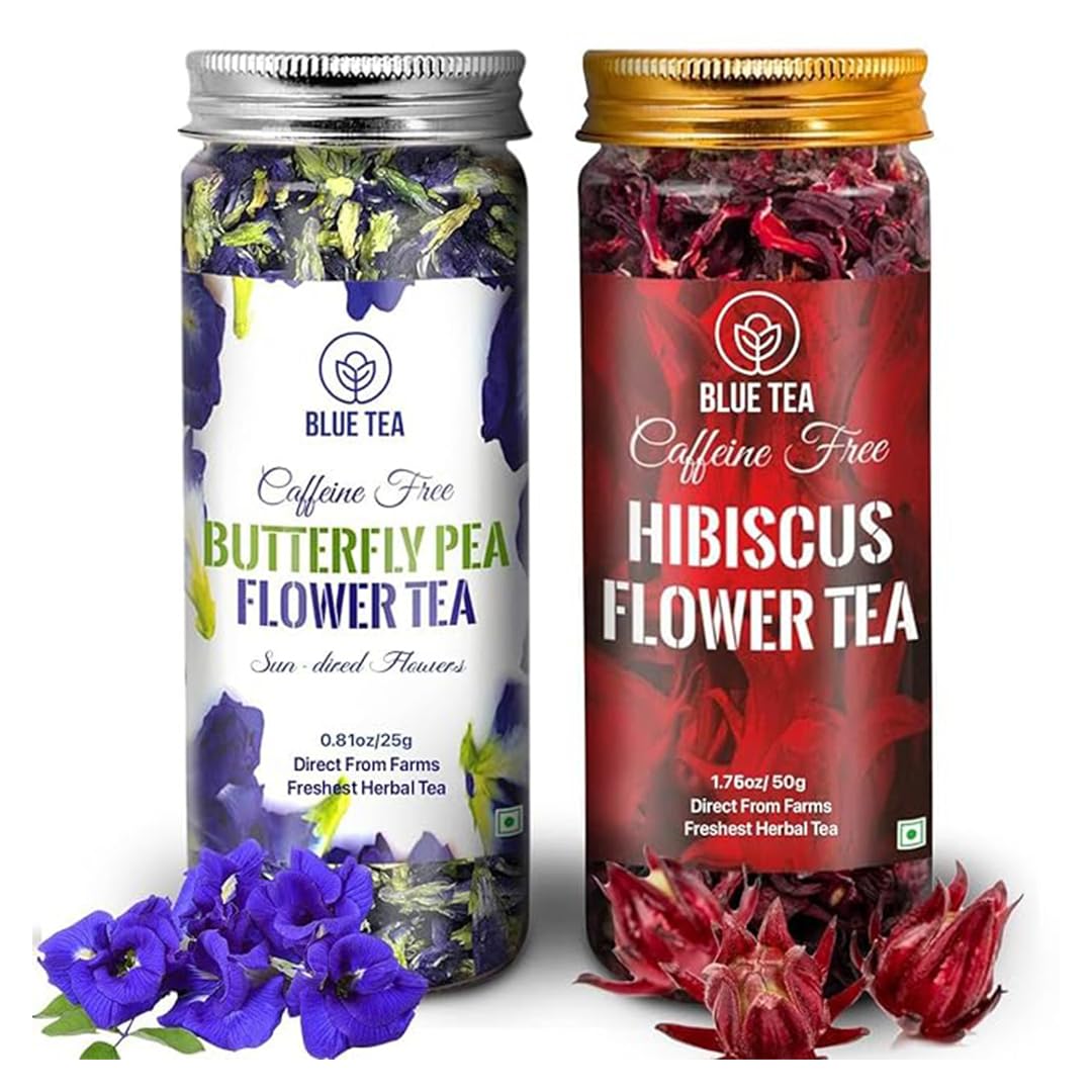 Blue Tea - Combo Pack - Butterfly Pea Flower Tea (0.88 Oz) & Hibiscus Flower Tea (1.76 Oz) | Detox Tea | Chemical-Free | Natural Ingredients - Flower Based - Caffeine Free - Herbal Tea | Pet Jar Pack