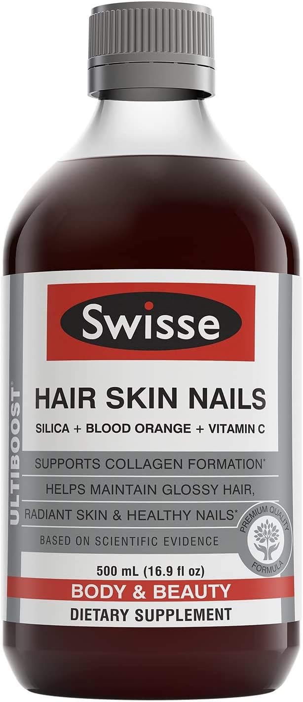 Swisse Hair Skin and Nails Vitamins for Women | Supports Hair Growth & Collagen Production | Vitamin C, Blood Orange & Silica | Glossy Hair, Radiant Skin and Healthy Nails Supplement | 16.9 fl oz