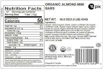 Yupik Organic Almond Mini Bars, 1 lb, Individually Wrapped, Healthy Snack On the Go, Nut Bars, Gluten-Free, All Organic Ingredients, Almonds, Peanuts, Flaxseeds, Sunflower Seeds, Raisins