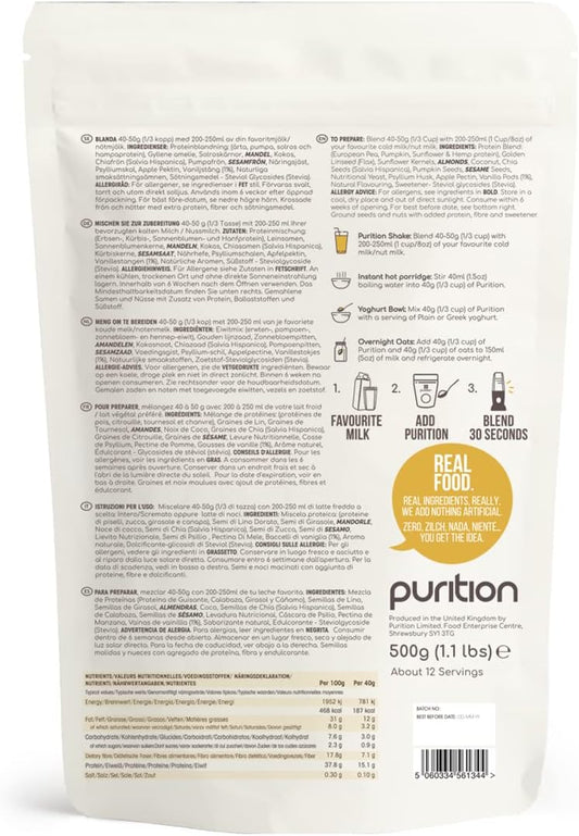 Purition Vegan Vanilla Dairy Free Natural Protein Powder For Keto Diet Shakes And Meal Replacements Shakes, 1 Bag (12 Serving)
