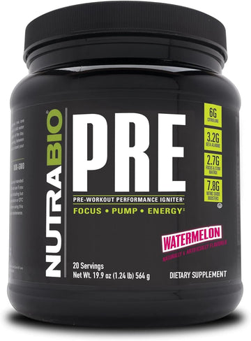 NutraBio PRE Workout Powder - Sustained Energy, Mental Focus, Endurance - Clinically Dosed Formula - Beta Alanine, Creatine, Caffeine, Electrolytes - 20 Servings - Watermelon