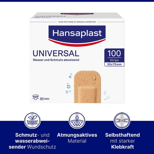 Hansaplast Universal Plasters (100 Strips), Dirt-Repellent And Water-Repellent Wound Plaster Set With Strong Adhesive Power & Bacteria Shield In Bulk Pack