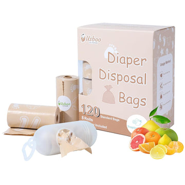 Diaper Bags Disposable For Baby, Biodegradeable Dirty Diaper Bags (8 Refill Rolls/120 Bags) With Dispenser, Leak Proof Diaper Trash Bags, Baby Poop Bags, Tropical Fruit Scent