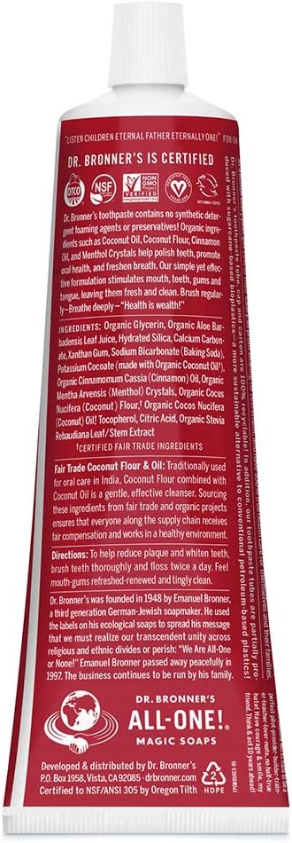 Dr. Bronner’S - All-One Toothpaste (Cinnamon, 5 Ounce, 3-Pack) - 70% Organic Ingredients, Natural And Effective, Fluoride-Free, Sls-Free, Helps Freshen Breath, Reduce Plaque, Whiten Teeth, Vegan