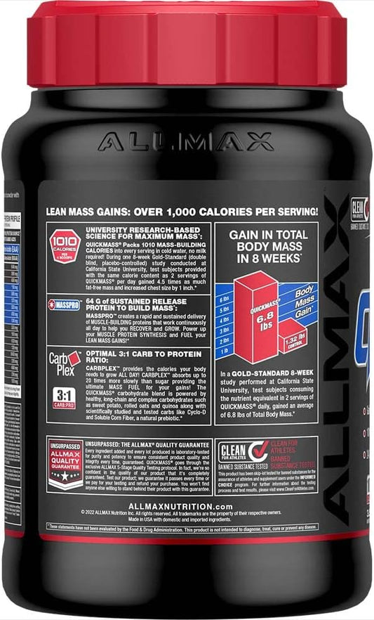 Allmax Quickmass, Chocolate - 3.5 Lb - Rapid Mass Gain Catalyst - Up To 64 Grams Of Protein Per Serving - 3:1 Carb To Protein Ratio - Zero Trans Fat - Up To 24 Servings