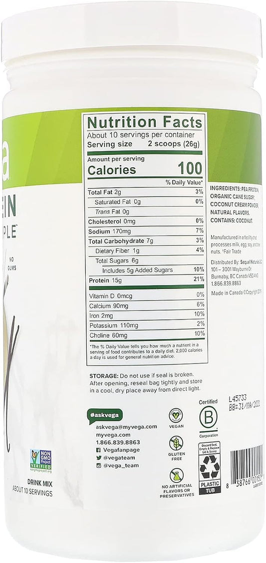 Vega Protein Made Simple Protein Powder, Vanilla - Stevia Free, Vegan, Plant Based, Healthy, Gluten Free, Pea Protein For Women And Men, 9.2 Oz (Packaging May Vary)