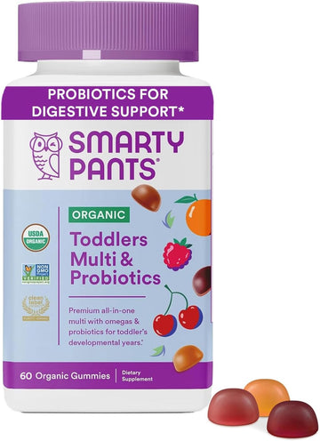 SmartyPants Organic Toddler Multivitamin Gummies: Probiotics, Omega 3 (ALA), Vitamin D3, C, Vitamin B12, B6, Vitamin A, K & Zinc, Gluten Free, Three Fruit Flavors, 60 Count (30 Day Supply)