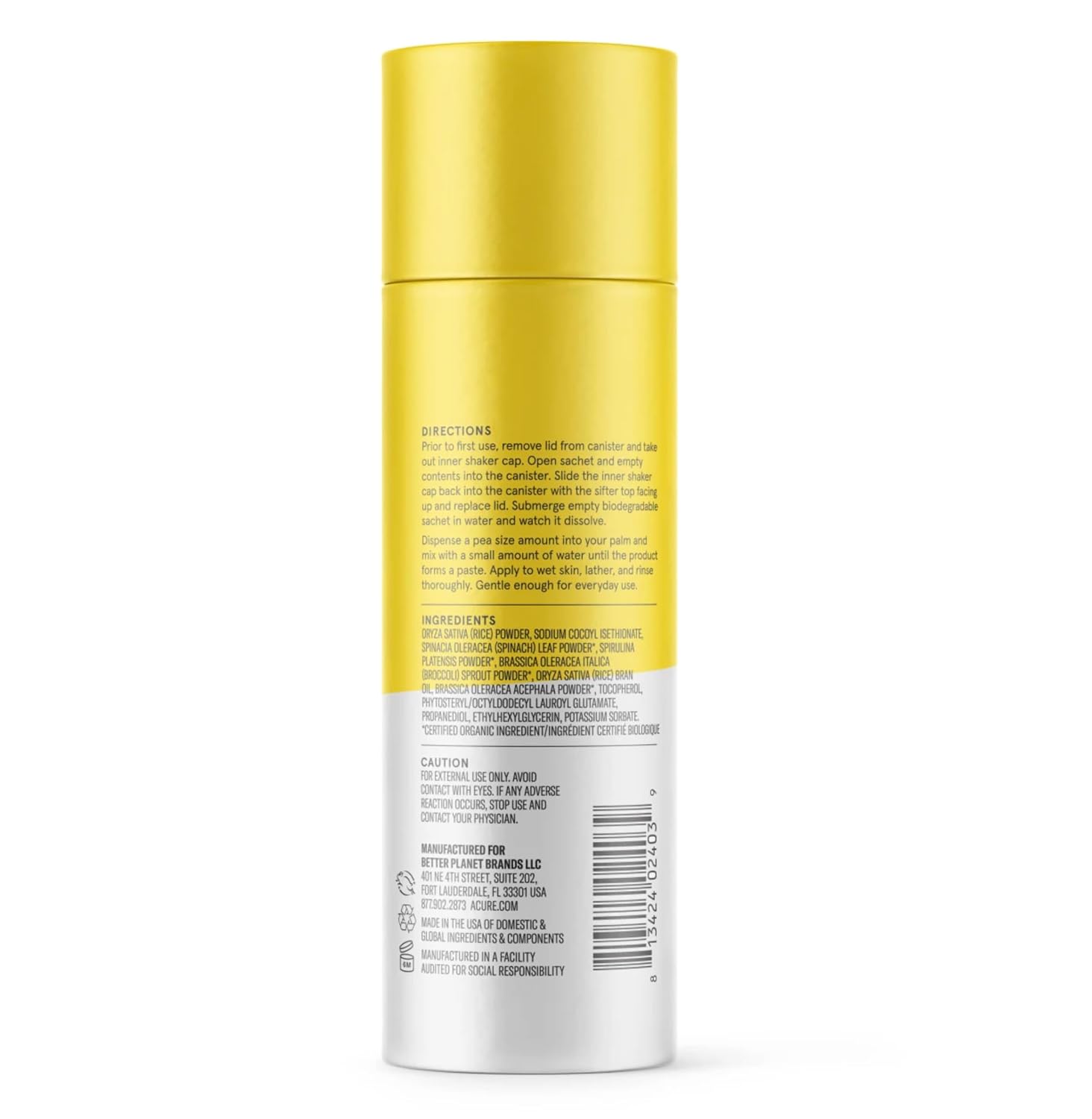 Acure Brightening Cleansing Powder - Concentrated Cleanser, Moisture Retention & Refining Skin’S Texture - Water-Activated Cleanser With Rice Powder, Broccoli, Kale & Spirulina - Net Wt. 1 Oz : Beauty & Personal Care