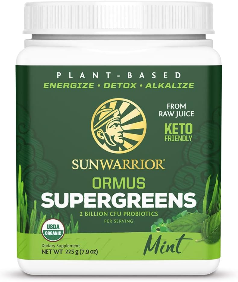 Sunwarrior Vegan Organic Greens Probiotic Powder | 2 Billion Cfu Probiotics Organic Raw Juice Soy Free Gluten Free Dairy Free Sugar Free Kosher | Mint 45 Servings | Ormus Supergreens