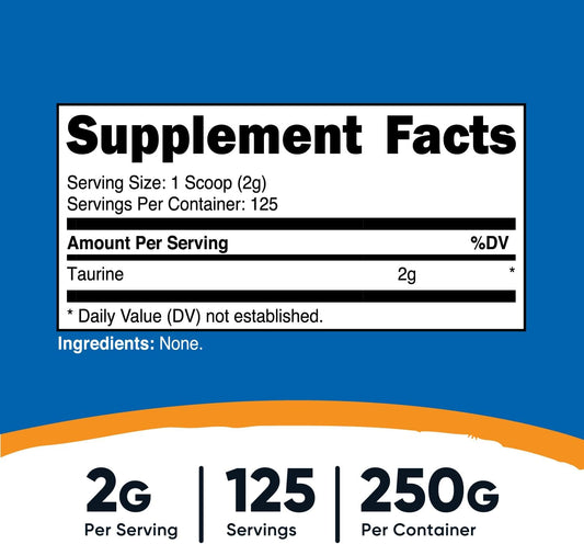 Nutricost Taurine Powder 250 Grams - 125 Servings, 2000Mg Per Serving