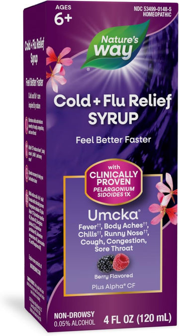 Nature'S Way Cold+Flu Relief Syrup, Umcka, Fever**, Sore Throat, Cough, Congestion, Body Aches**, Homeopathic, Phenylephrine Free, 0.05% Alcohol, Berry Flavored, 4 Fl Oz (Packaging May Vary)