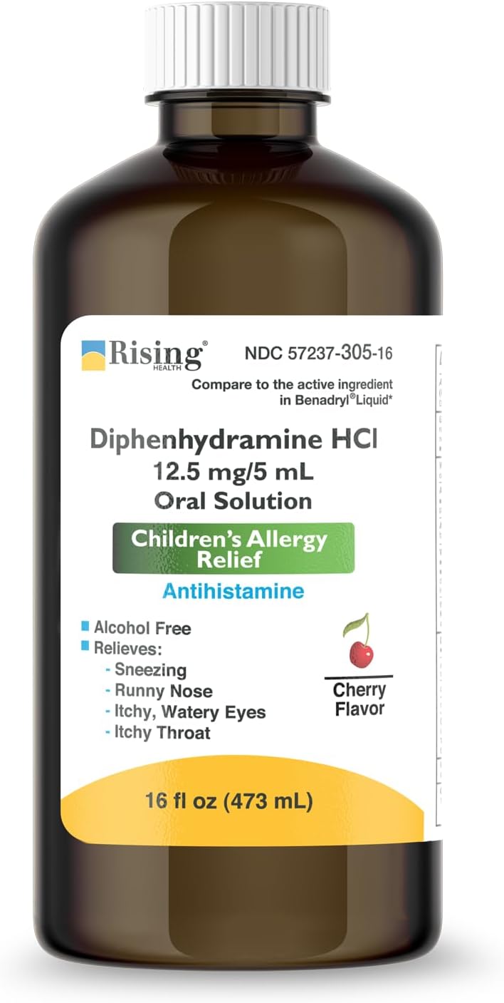 Rising Health - Allergy Relief Liquid Medicine With Diphenhydramine Hcl 12.5Mg/5Ml - Kids' Allergy Syrup For Symptoms Like Runny Nose, Itchy Eyes & More - Cherry Flavor - 16 Fl. Oz