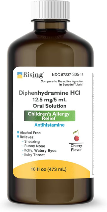 Rising Health - Allergy Relief Liquid Medicine With Diphenhydramine Hcl 12.5Mg/5Ml - Kids' Allergy Syrup For Symptoms Like Runny Nose, Itchy Eyes & More - Cherry Flavor - 16 Fl. Oz