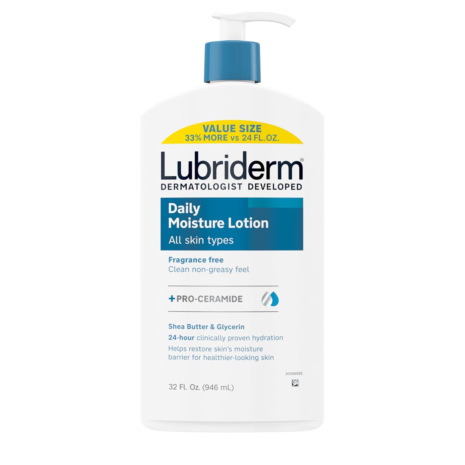 Lubriderm Value-Size Daily Moisture Lotion + Pro-Ceramide With Shea Butter & Glycerin Moisturizes Dry Skin, Hydrating Face, Hand & Body Lotion Is Lightly Scented & Non-Greasy, 32 Fl. Oz