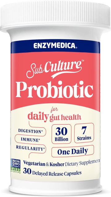 Enzymedica, Subculture Probiotics For Men And Women, Capsules For Daily Gut Health, 30 Billion Cfu + 7 Live Strains, Digestion, Regularity & Immune Health, Lactobacillus And Bifidobacterium, 30 Count