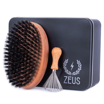 Zeus 100% Firm Boar Bristle Beard Brush, Military-Style, Brush Gift Set With Brush Cleaner And Tin! (Soft Bristles) - Q92