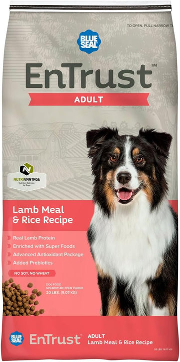 Blue Seal Entrust Adult Dog Food | Real Lamb & Rice | Enriched With Super Foods, Antioxidants And Probiotics | No Wheat Or Soy | 20 Pound Bag